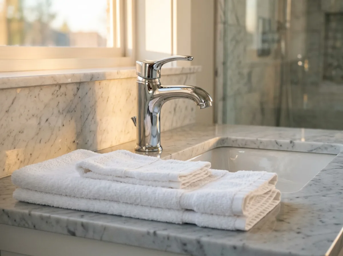 Sparkling bathroom fixtures after a deep clean, chrome taps reflecting warm light