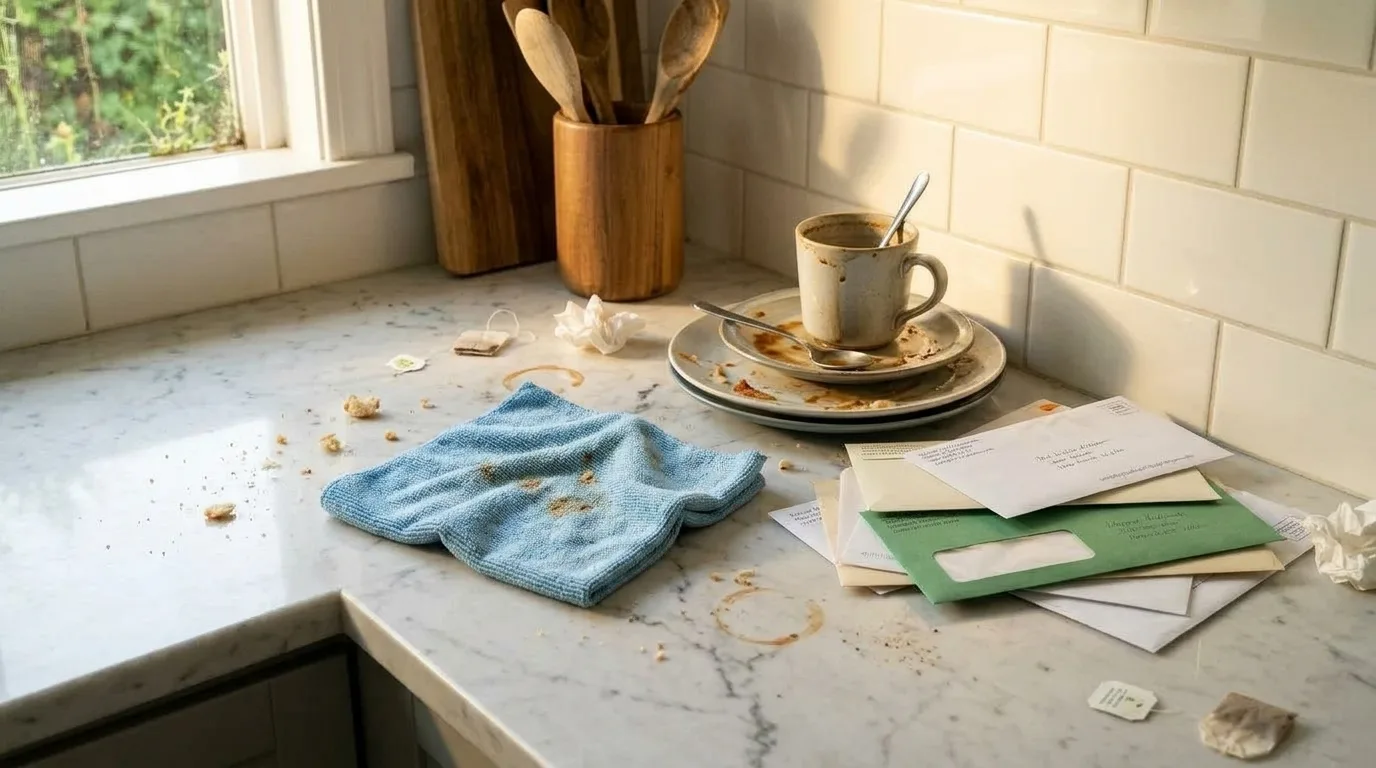 A cluttered kitchen counter with dishes, crumbs and mail before a cleaning visit