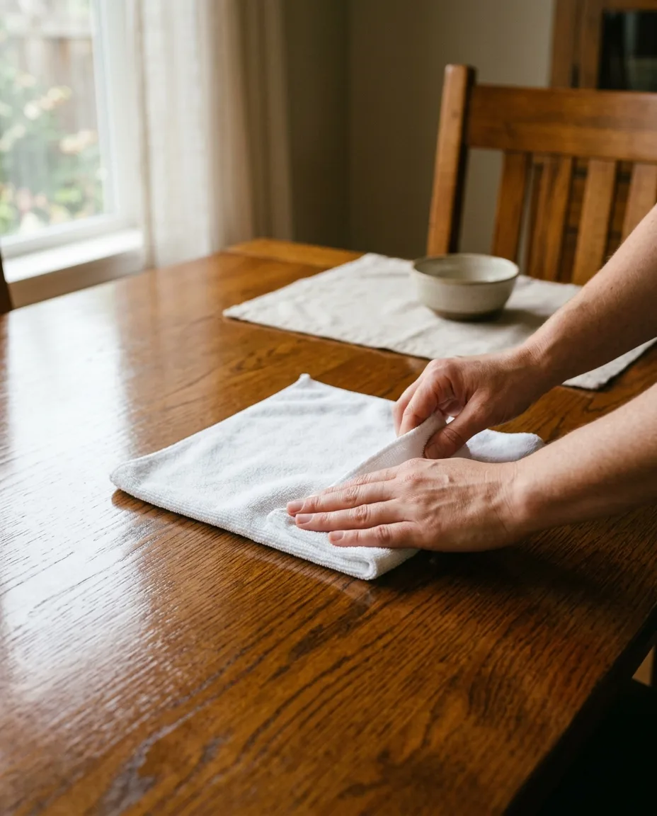 Hands carefully folding a white microfiber cloth over a wood table in warm natural light