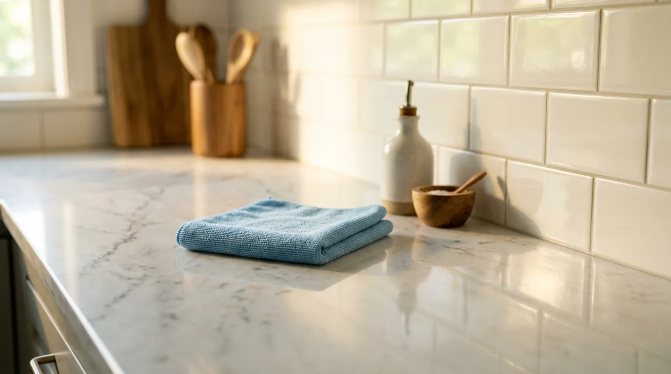 Close-up of a clean kitchen counter in morning light, a microfiber cloth folded beside gleaming tile