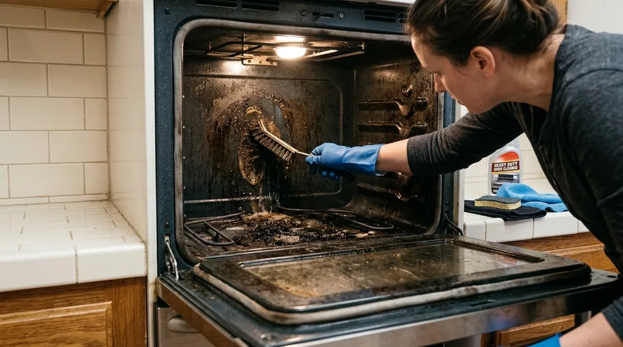 Scrubbing the inside of an oven with a heavy-duty brush, task light from above