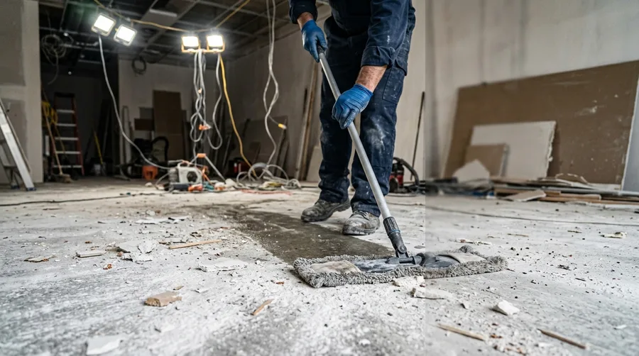 Wet mopping a dusty concrete floor scattered with drywall powder and construction debris