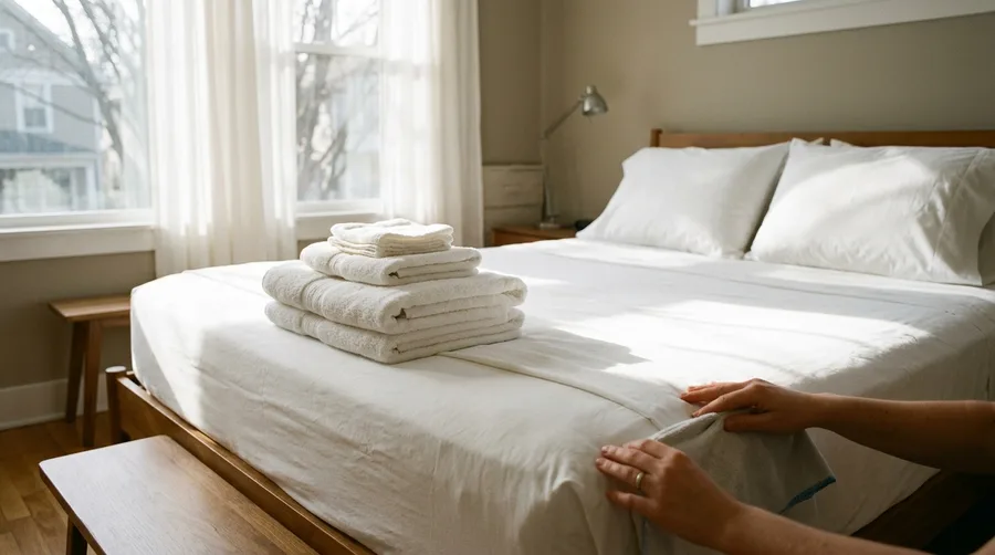 Freshly made bed with crisp white linens in a short-term rental bedroom, sunlight through sheer curtains