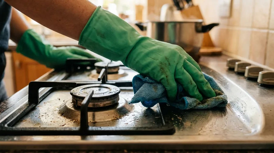 Hands in green rubber gloves wiping a stovetop with a damp microfiber cloth in warm kitchen light